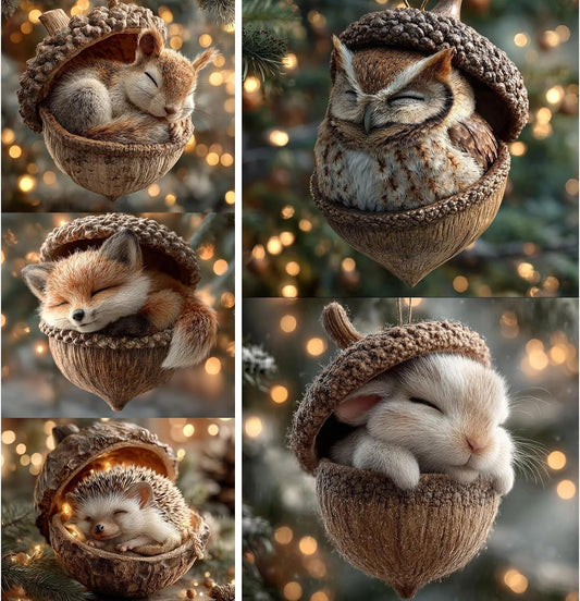 3D Forest Animal Acorn Ornaments, Woodland Christmas Decor with Realistic Animal Figures, Resin Hanging Ornaments for Christmas Tree, Home, Party Decor, Cozy Forest Theme Collection (Fox)