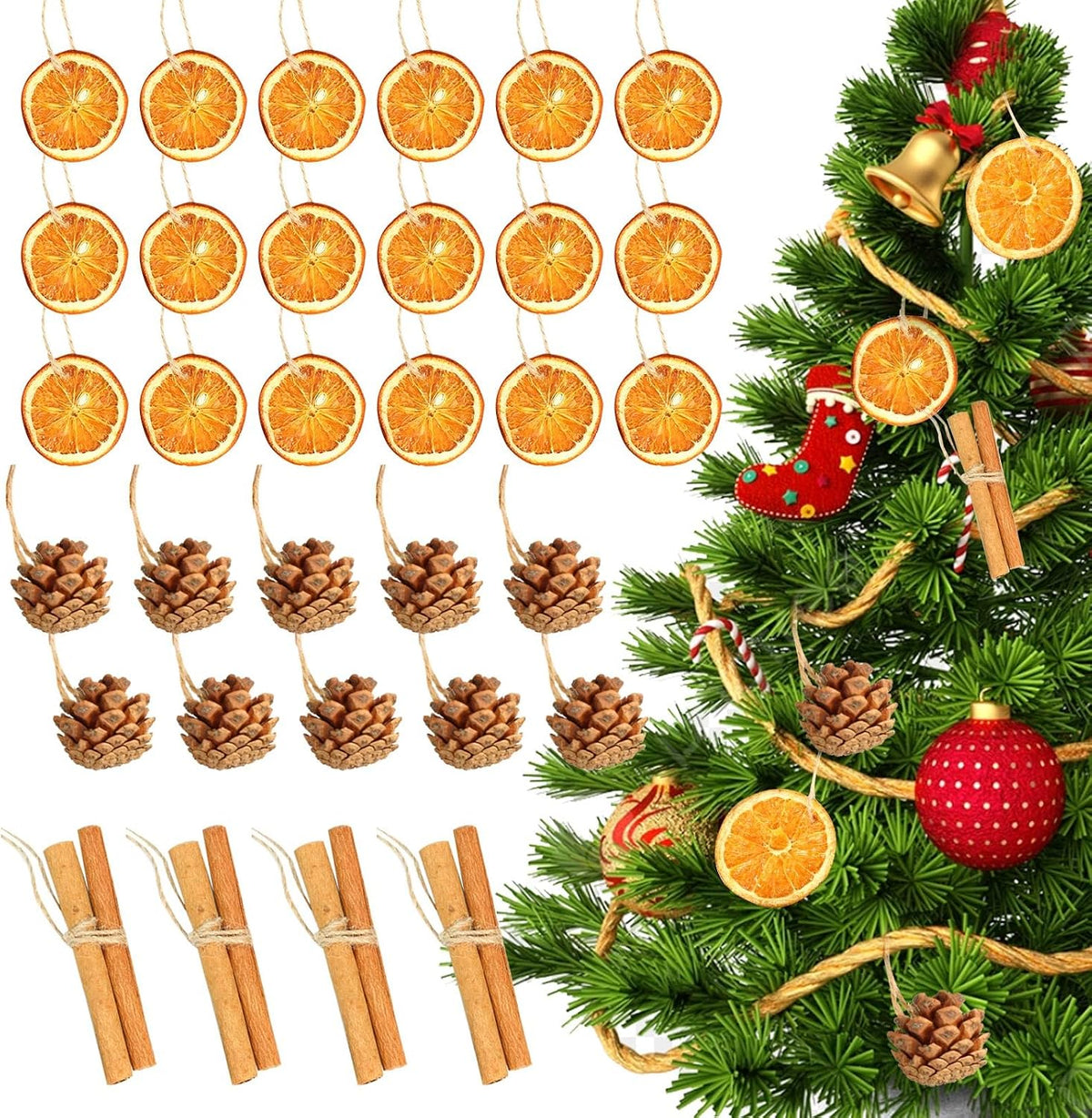 Christmas Ornaments Set, 31 Pcs Jute Tied Dried Orange Cinnamon Pinecone