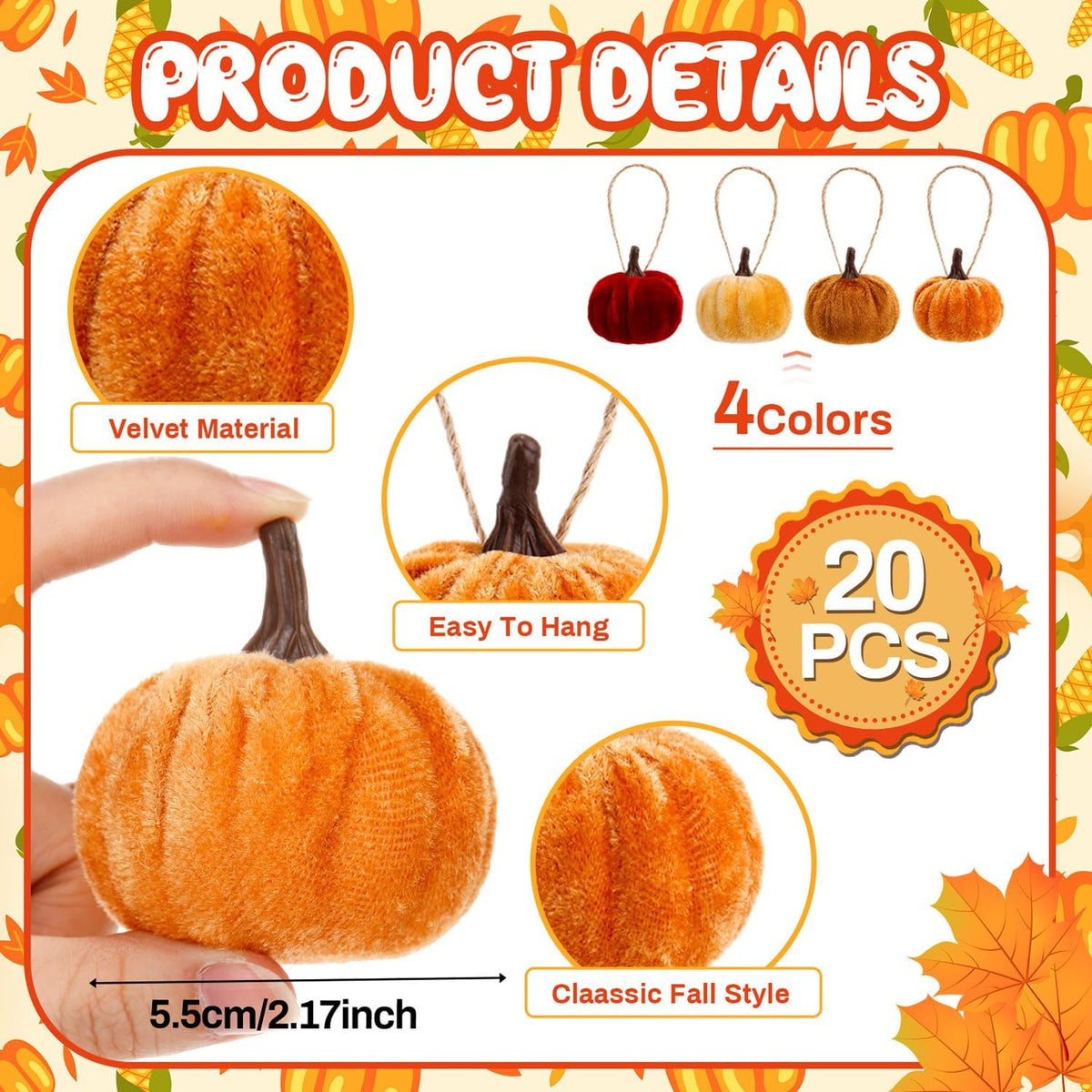 Halloscume 20 Pcs Pumpkin Ornament, Red, Dark Yellow, Light Yellow, Brown