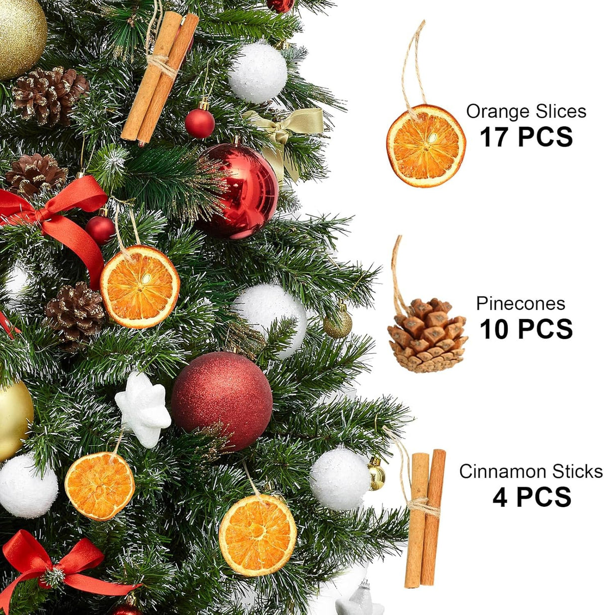 Christmas Ornaments Set, 31 Pcs Jute Tied Dried Orange Cinnamon Pinecone