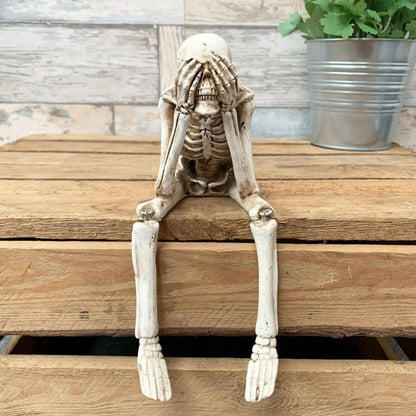 3 Wise Skeleton Statue with Hanging Legs - See-Hear-Speak No Evil Gothic Shelf Sitter, Spooky Resin Decoration Figure, Whimsical Home Decor, Unique Decor, Halloween Hammock Accessory Gift