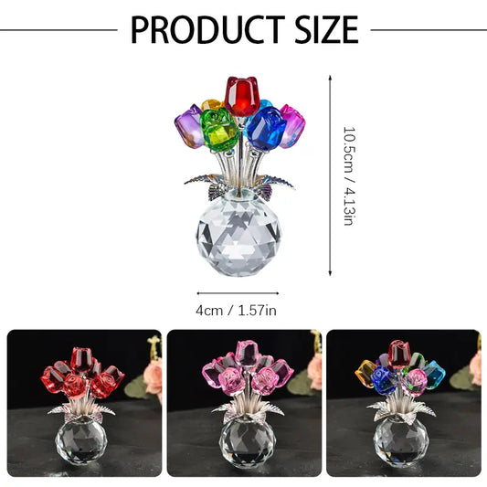 Crystal Rose Bouquet Figurine - Little Glass Rose Flower Statue Sculpture for Desk & Bookshelf - Decorative Ornament for Bedroom, Living Room, Office & Home Decor - Unique Birthday, Valentine's Day, Wedding Anniversary & Christmas Gift Idea for Lover