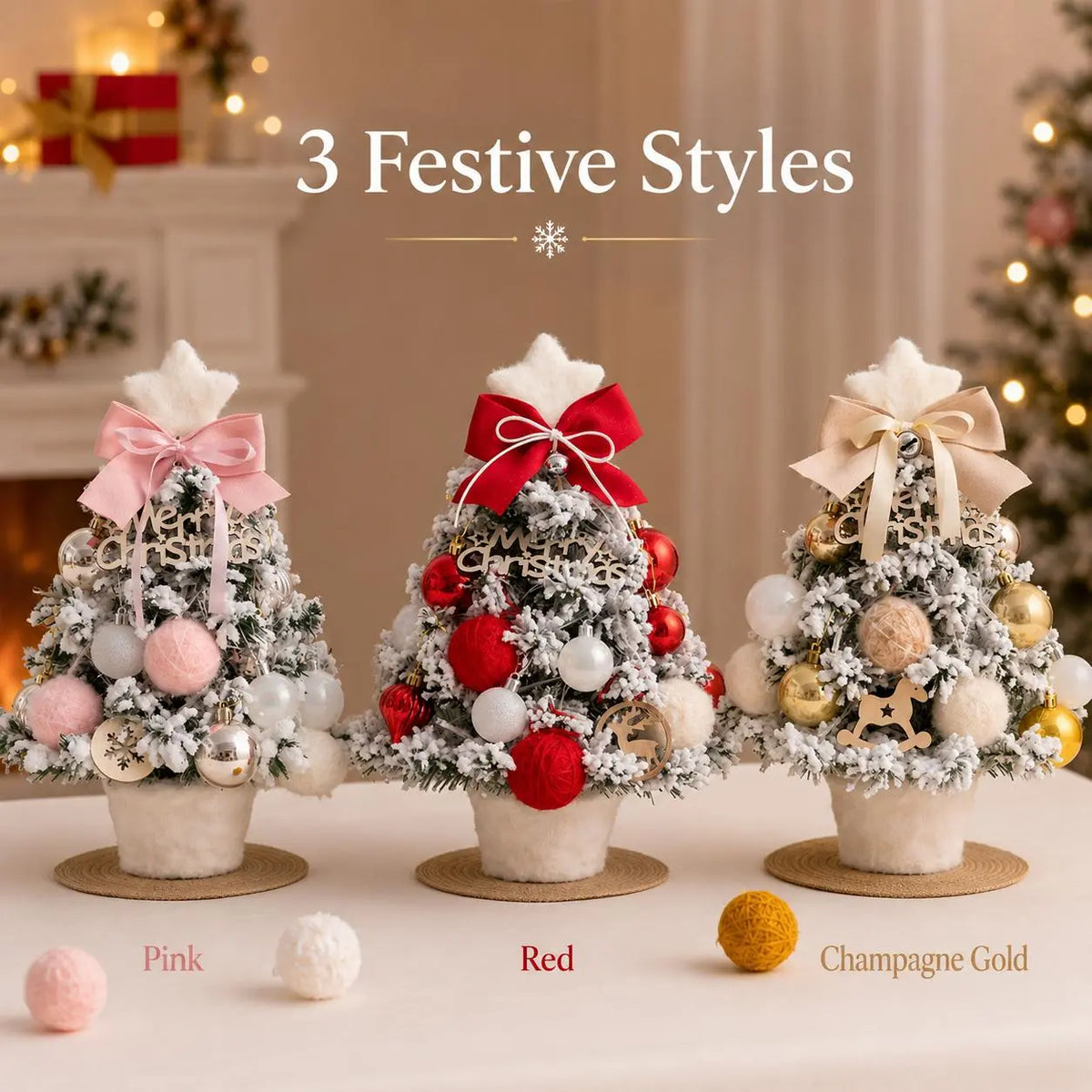 Pre‑Decorated Pink Flocked Tabletop Mini Christmas Tree with LED Lights, Bow, Baubles & Ornaments, Small Artificial Snowy Christmas Tree, 13.8in (35cm) /17.7in (45cm), for Tabletop, Desk, Home Holiday Party Decoration