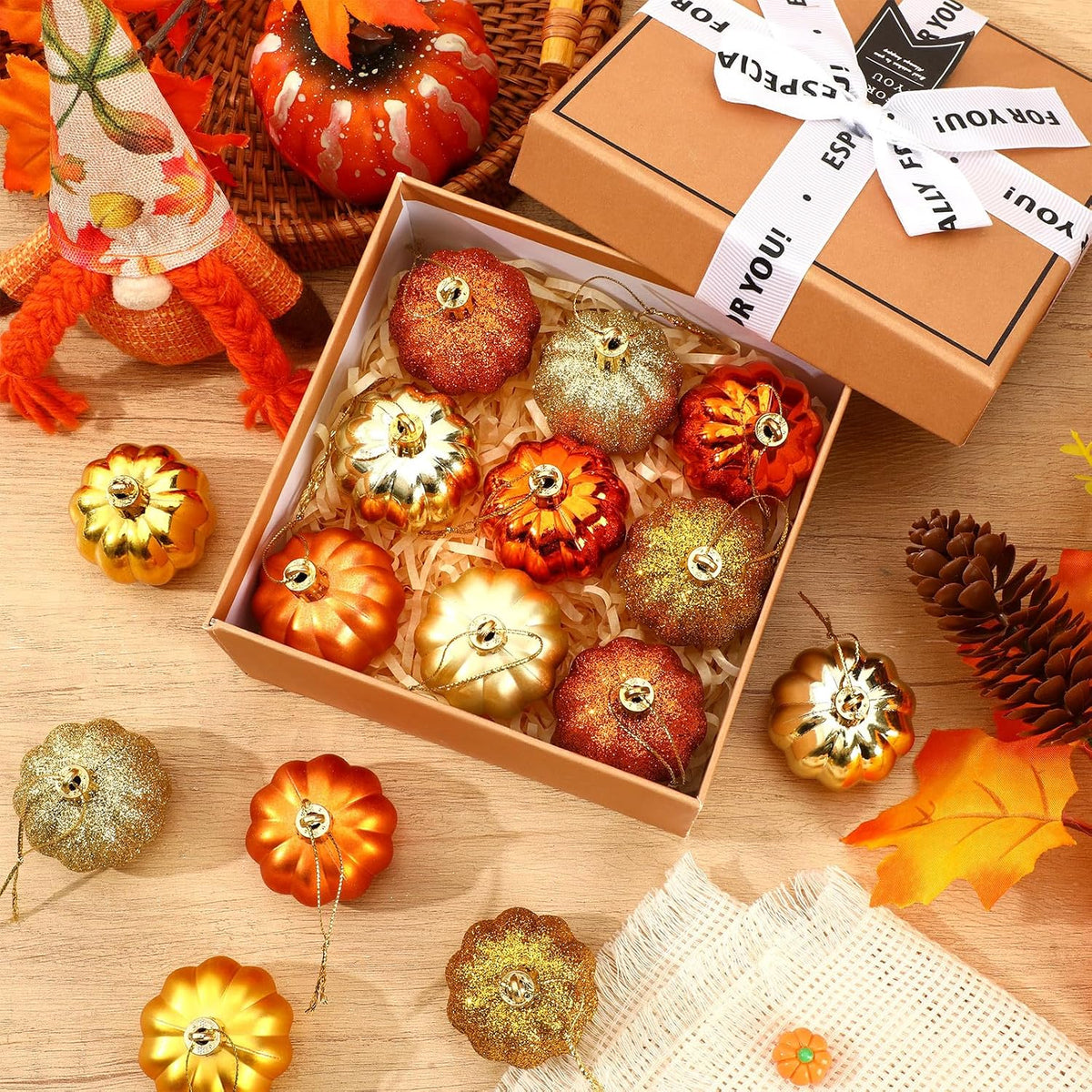 JULMELON 24 Pcs Fall Pumpkin Tree Ornaments 3D Cute Hanging Decorations