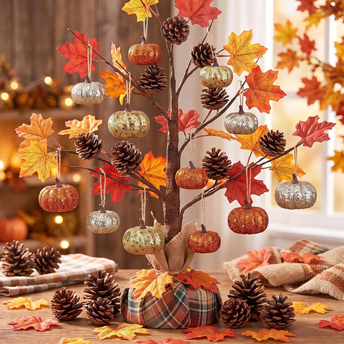 Syhood 24 Pcs Mini Pumpkin Hanging Balls Thanksgiving Fall Tree Ornaments