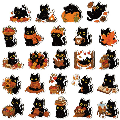 MALLMALL6 24Pcs Cute Black Cat Fridge Magnets, Novelty Gift for Cat Lover, Spring Refrigerator Magnetic Sticker Decor Accessories with Flower Bread Fish for Home Kitchen Office Locker Mailbox Door