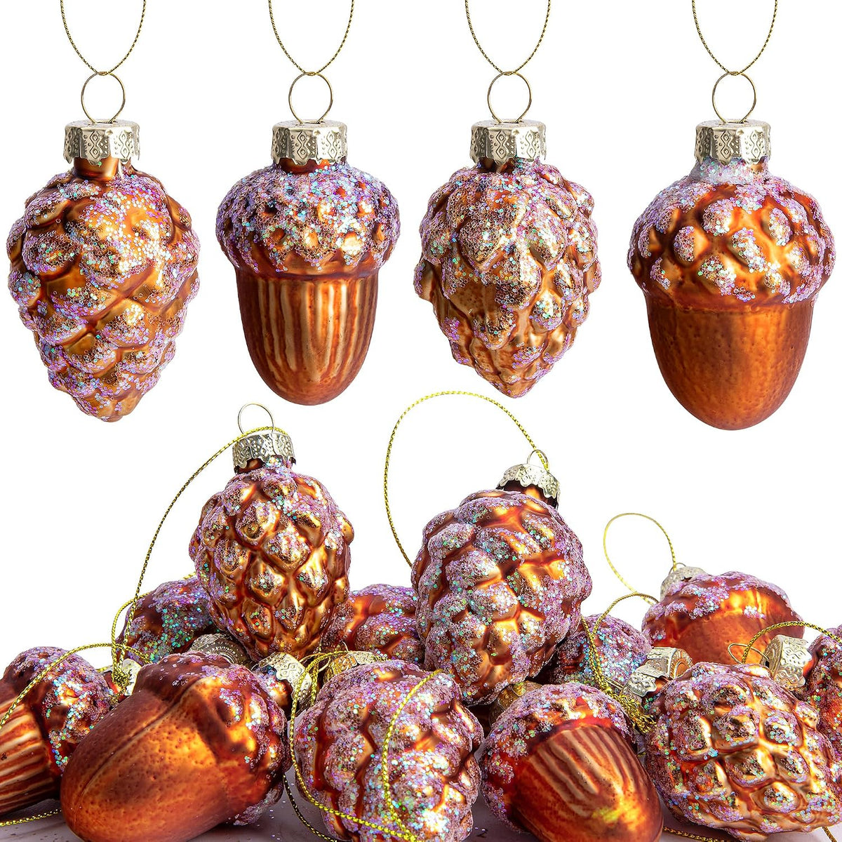 12 Pcs Pine Cone Glass Ornaments - Christmas & Fall Hanging Pinecone Decor