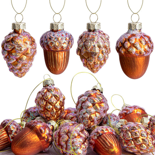 12 Pcs Pine Cone Glass Ornaments - Christmas & Fall Hanging Pinecone Decor
