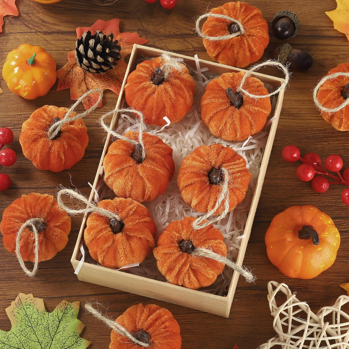 16 PCS Fall Thanksgiving Pumpkin Hanging Ornaments Orange Velvet Fabric Pumpkin Hanging Small Tree Ornaments 2.2" Fabric Pumpkins Ball Tree Decorations for Fall Home Farmhouse Harvest Party Decor