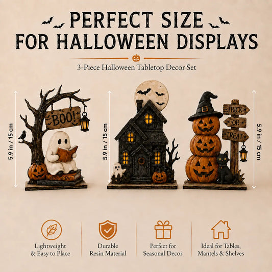3 Pcs Vintage Halloween Tabletop Decor Set, Spooky Resin Ghost Haunted House & Stacked Pumpkin Figurines with Black Cat, Trick or Treat Fall Decorations for Mantel Shelf Table