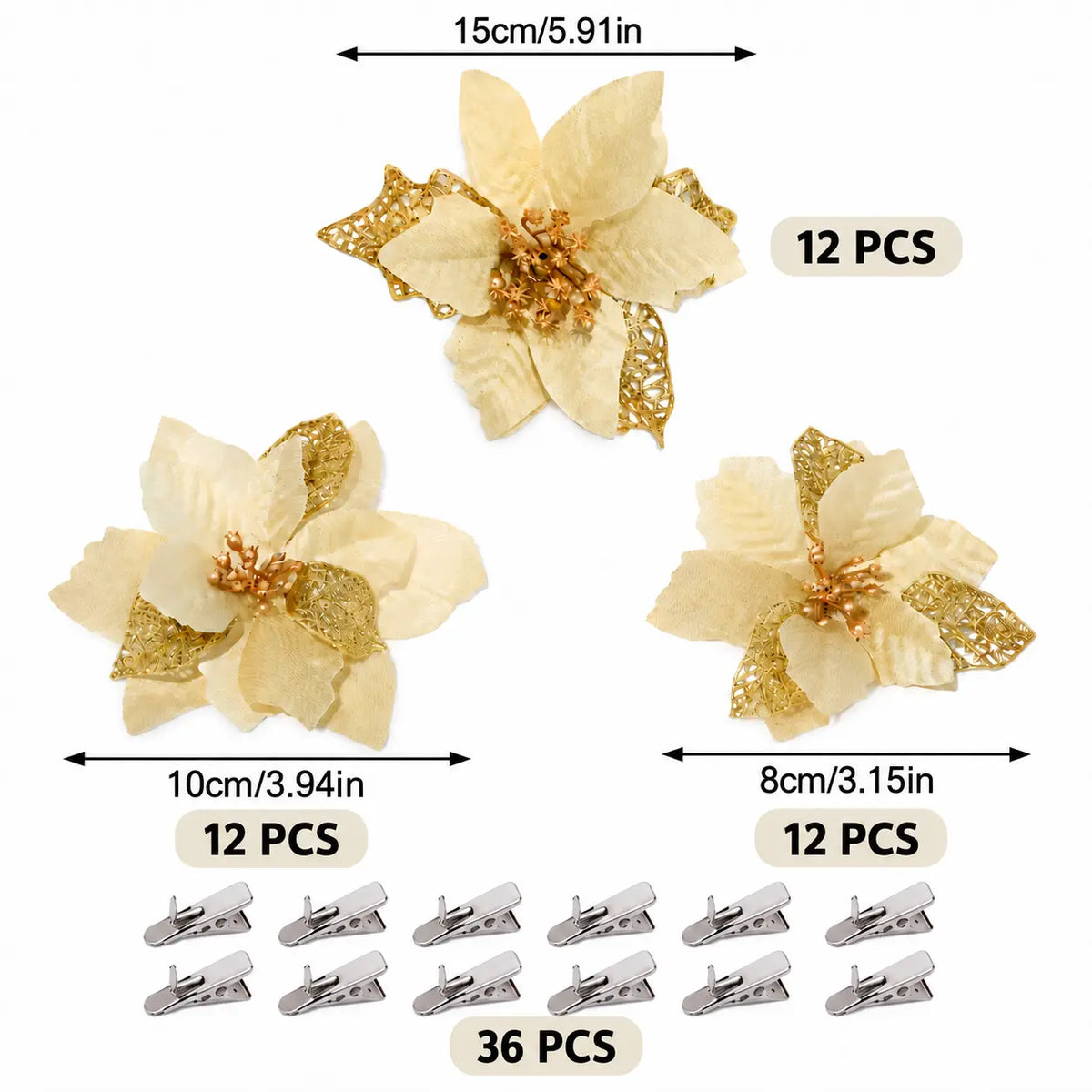 18PCS Decorative Champagne Gold Glitter Christmas Floral Picks Set - 12 ABS Plastic Artificial Poinsettia Ornaments, 6 ABS Plastic Berry Stems for Christmas Tree, Wreath, Home Decor Items