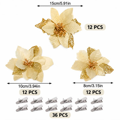 18PCS Decorative Champagne Gold Glitter Christmas Floral Picks Set - 12 ABS Plastic Artificial Poinsettia Ornaments, 6 ABS Plastic Berry Stems for Christmas Tree, Wreath, Home Decor Items