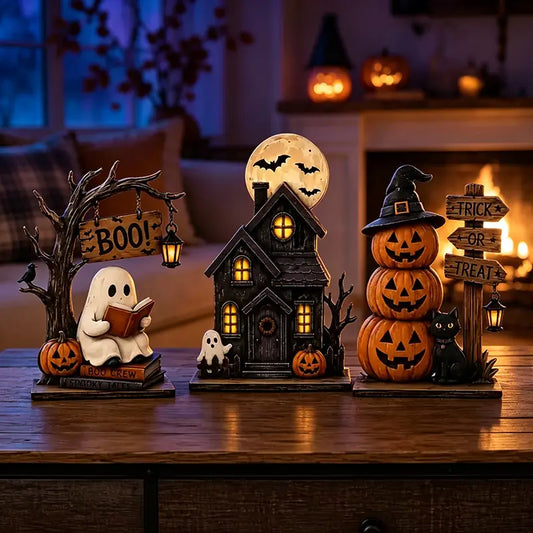 Vintage Halloween Tabletop Decor Set of 3, Resin Spooky Ornaments with Ghost, Haunted House, Stacked Pumpkin & Black Cat Figurines, Trick or Treat Sign, Fall Harvest Decor, Spooky Season Desktop Centerpiece for Home Mantel Shelf Decoration