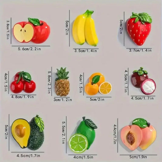 Fruit-Shaped Fridge Magnets, Refrigerator Decorating Magnets, 10-Piece Cute Cartoon Fruit Decorative Design Set, Magnetic Refrigerator Decor for Home Kitchen and Office Decoration