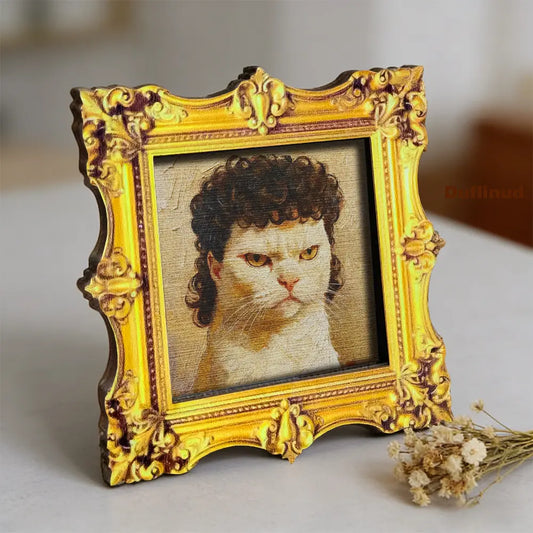 1pc DUFLINUD Wooden Framed Cat Fridge Magnet Suitable, Wood Square Frame with Realistic Oil Painting - Serious-Faced Curly-Haired Cat Decor, Back for Refrigerator Door Decoration, Holiday Gift for Cat Lovers