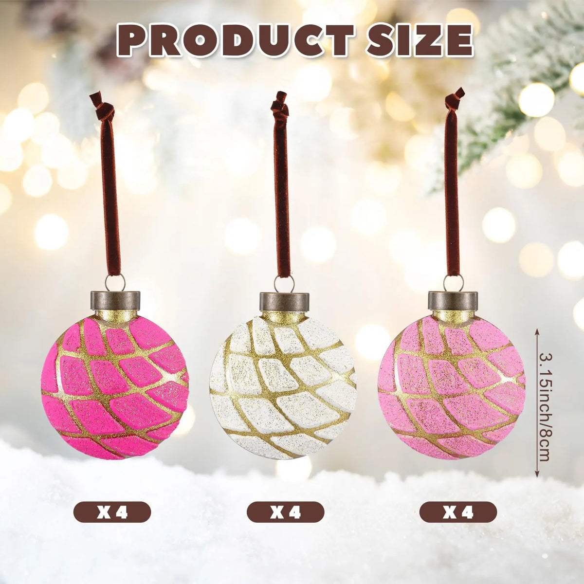 12 Pcs Mexican Christmas Ornaments, Pink Concha Sweet Bread Hanging Decor with Shatterproof Durable Design, Unique Food-Themed Tree Decorations for Christmas Holiday Party, Home Accent, Gift Exchange and Mexican Inspired Celebrations