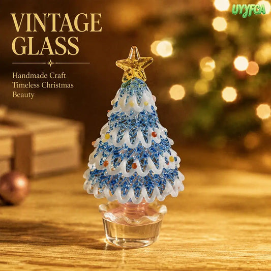 Mini Handmade Glass Christmas Tree Figurine, Blown Glass Seasonal Ornament With Golden Star Top, Cute Tabletop Holiday Sculpture For Home Office Decor, Unique Xmas Gift And Festive Collectible Craft For Family