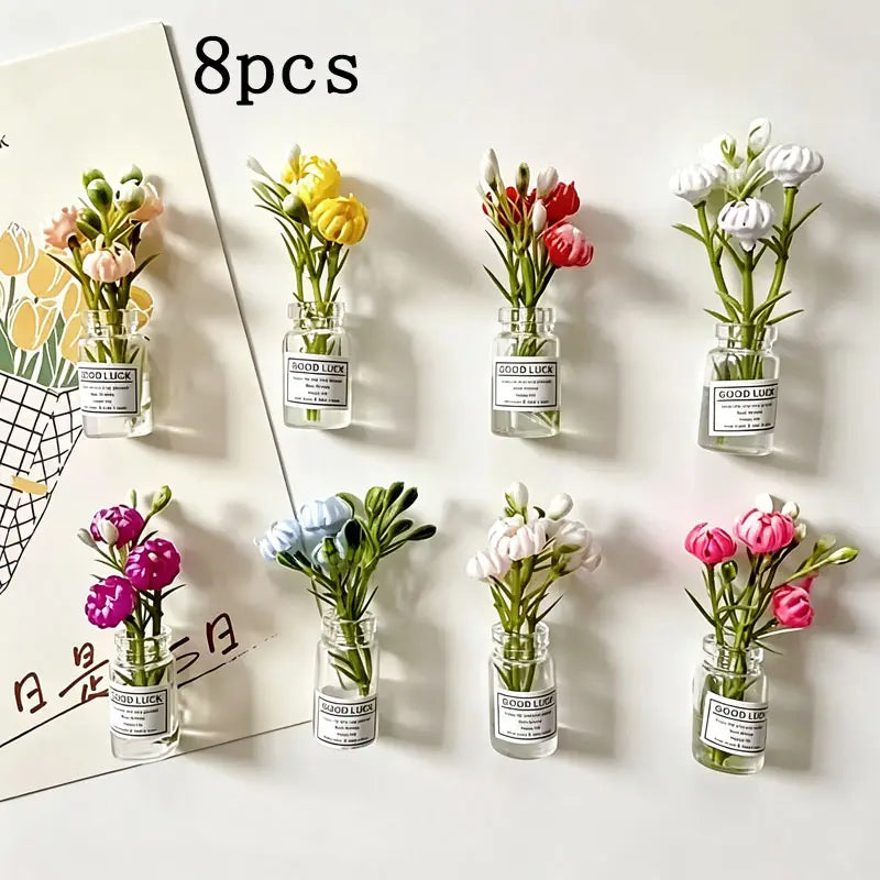 8pcs Mini  Floral Vase Magnets - 3D Glass Decorative Refrigerator Magnets with Cute Flower Design, Fridge Magnets Cute, Perfect for Kitchen & Holiday Gifts, Refrigerator Magnets, Kitchen Decor, Playful Design, Durable Magnets