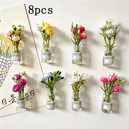 8pcs Mini  Floral Vase Magnets - 3D Glass Decorative Refrigerator Magnets with Cute Flower Design, Fridge Magnets Cute, Perfect for Kitchen & Holiday Gifts, Refrigerator Magnets, Kitchen Decor, Playful Design, Durable Magnets