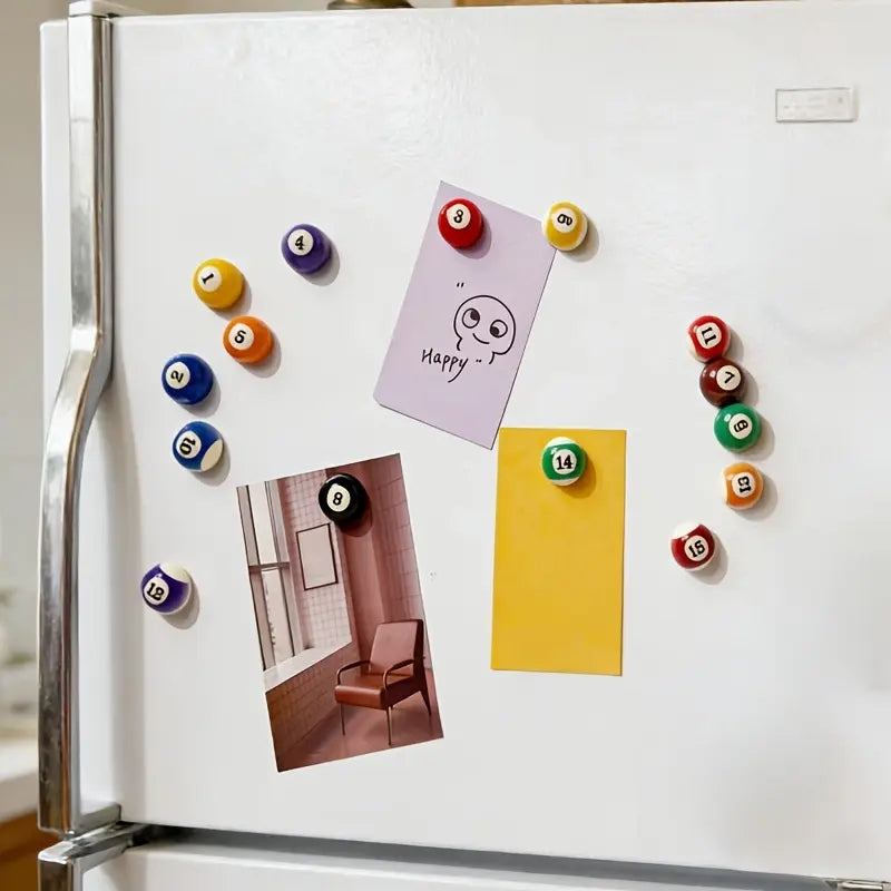 15 Magnetic Billiards-Shaped Refrigerator Stickers |   Resin, Round, Suitable for Metal Surfaces, Ideal for Photos, Notes, Papers, Easy Attachment to Fridges and Filing Cabinets