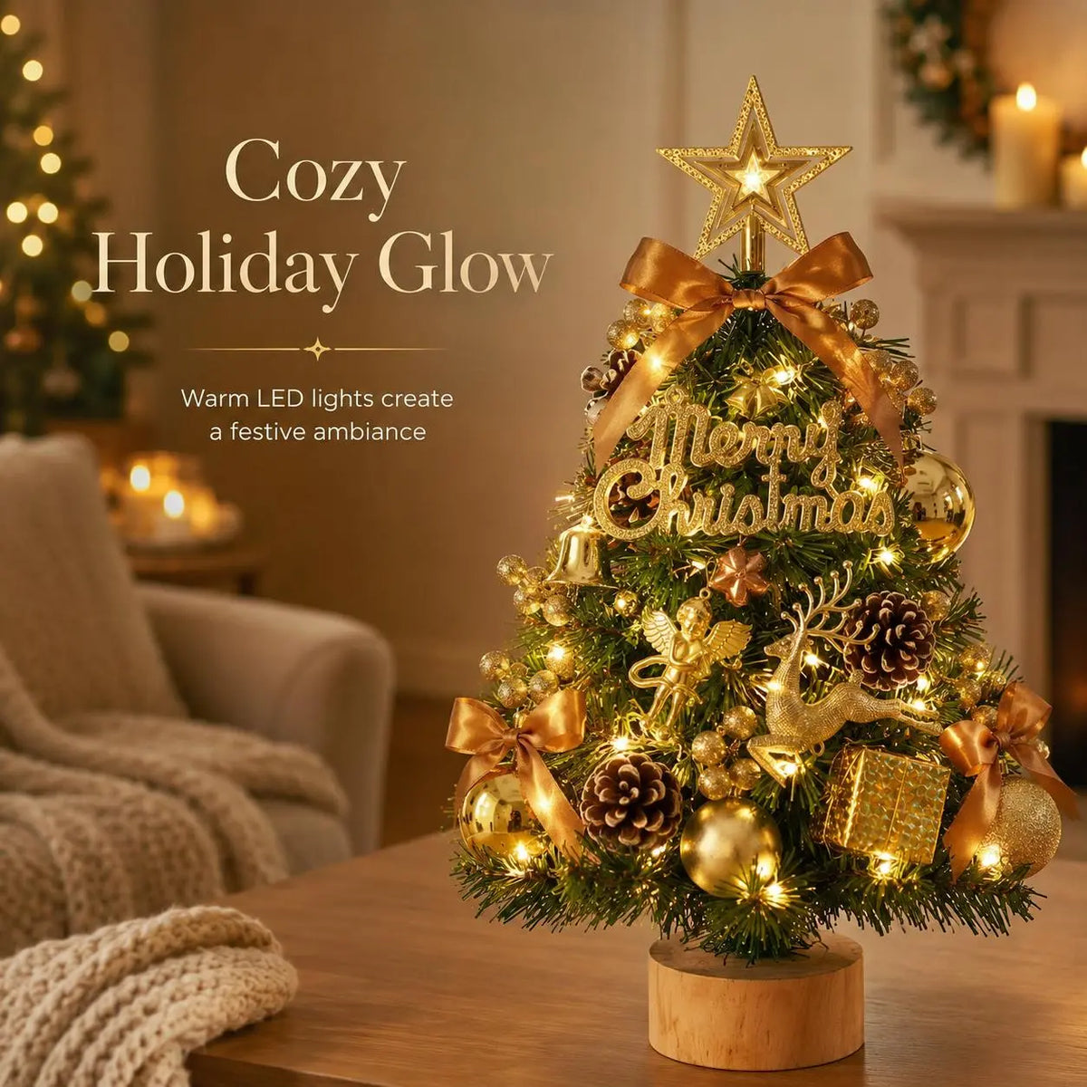 Pre‑Decorated Pink Flocked Tabletop Mini Christmas Tree with LED Lights, Bow, Baubles & Ornaments, Small Artificial Snowy Christmas Tree, 13.8in (35cm) /17.7in (45cm), for Tabletop, Desk, Home Holiday Party Decoration