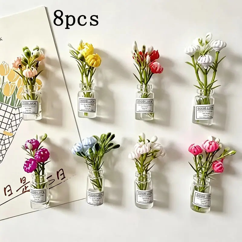 8pcs Mini  Floral Vase Magnets - 3D Glass Decorative Refrigerator Magnets with Cute Flower Design, Fridge Magnets Cute, Perfect for Kitchen & Holiday Gifts, Refrigerator Magnets, Kitchen Decor, Playful Design, Durable Magnets