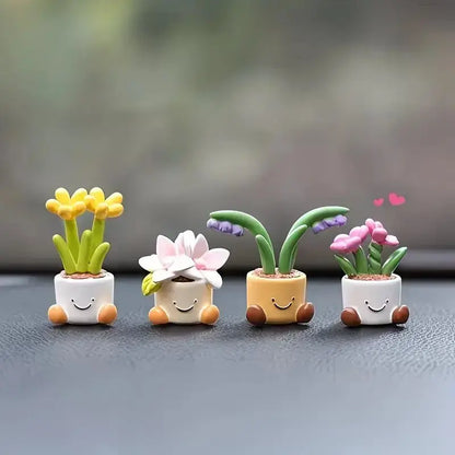 4 Counts Kawaii Mini Plant Figurines with Smiley Face Pots, Resin Flower Pot Decorations for Car Dashboard, Desk, Office and Home, Cute Cartoon Succulent Style Ornaments, Small Decorative Accessories