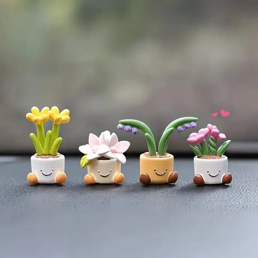 4 Counts Kawaii Mini Plant Figurines with Smiley Face Pots, Resin Flower Pot Decorations for Car Dashboard, Desk, Office and Home, Cute Cartoon Succulent Style Ornaments, Small Decorative Accessories