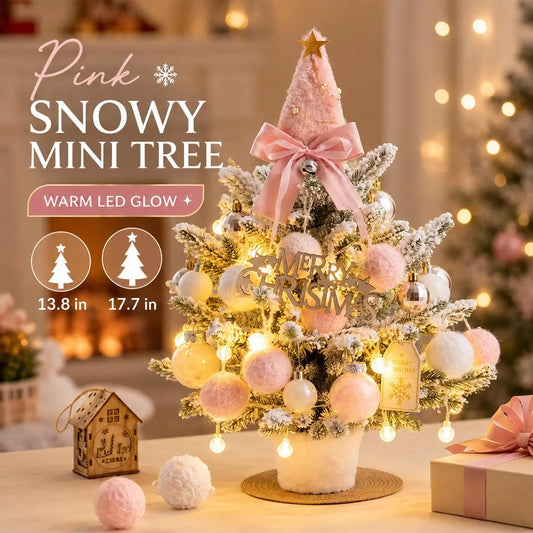 Pre‑Decorated Pink Flocked Tabletop Mini Christmas Tree with LED Lights, Bow, Baubles & Ornaments, Small Artificial Snowy Christmas Tree, 13.8in (35cm) /17.7in (45cm), for Tabletop, Desk, Home Holiday Party Decoration