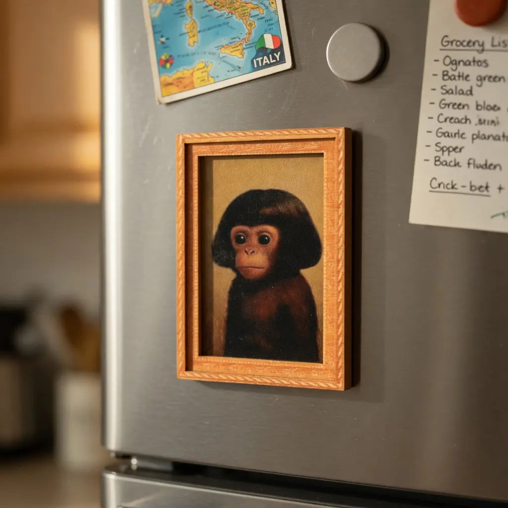 Funny Fridge Magnet - Strong Neodymium Magnet with Retro Wood Frame - for Kitchen, Office Whiteboard & Locker Decor - Humorous Gift for Monkey Lovers & Coworkers
