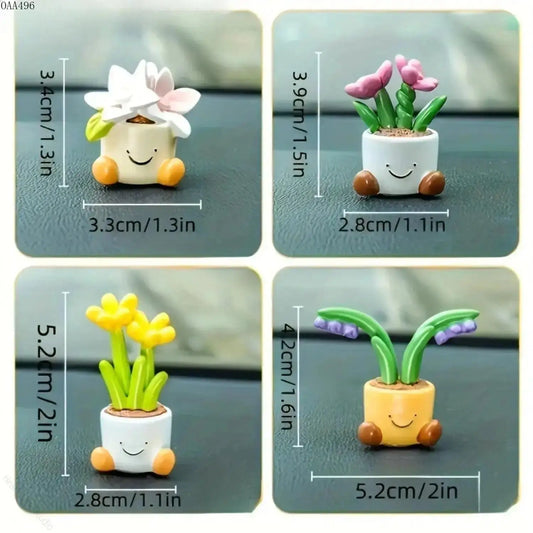 4-Pcs Premium Texture Figurine Set, Small Plant Size Decor Accessories, Delicate Multipurpose Ornaments for Automobile Dashboard, Desktop Display, Gift-Ready Indoor Styling