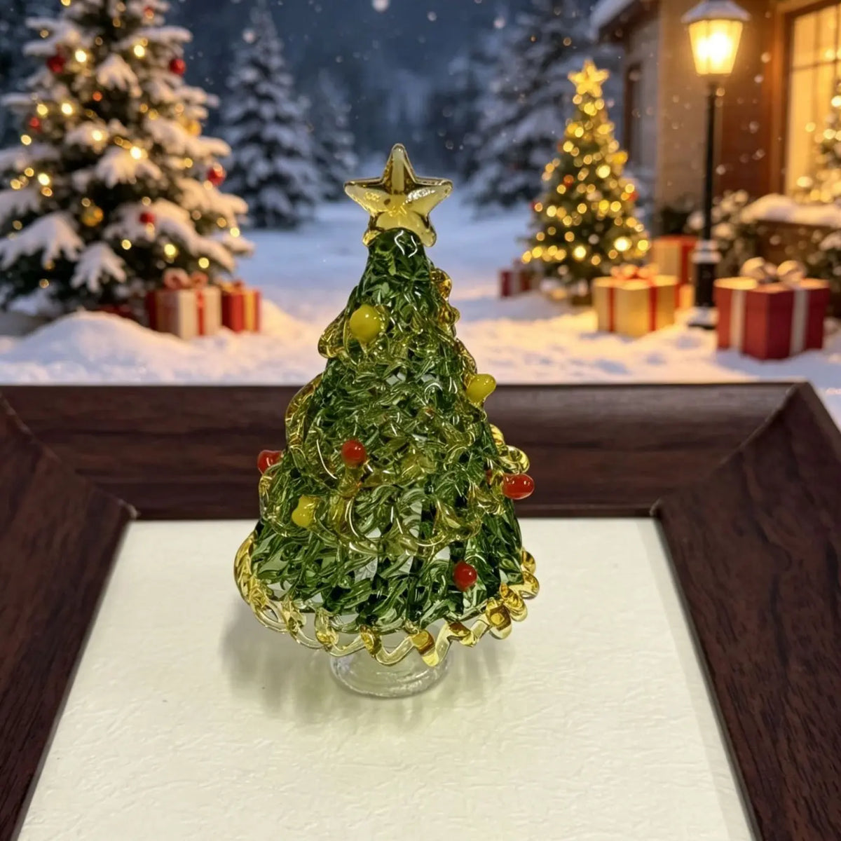 Mini Handmade Glass Christmas Tree Figurine, Blown Glass Seasonal Ornament With Golden Star Top, Cute Tabletop Holiday Sculpture For Home Office Decor, Unique Xmas Gift And Festive Collectible Craft For Family