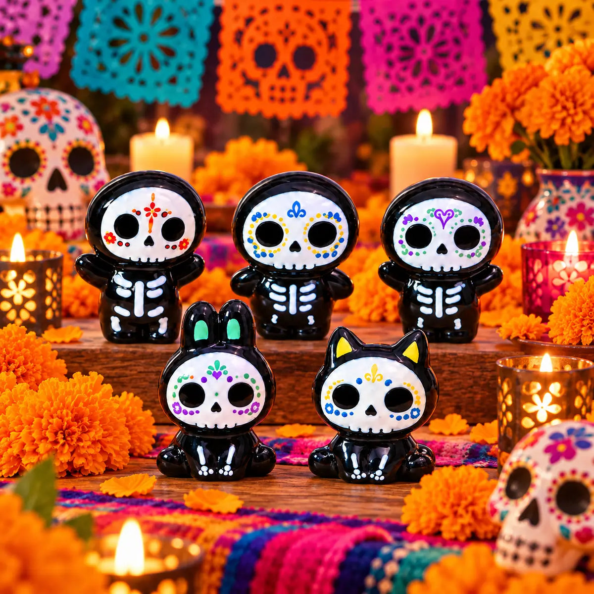 Day of the Dead Mini Skeleton Figurines Set, 5/30/50pcs Cute Sugar Skull Decorations, Tiny Calavera Charms for DIY Mini Garden, Car Decor, Party Tabletop Display