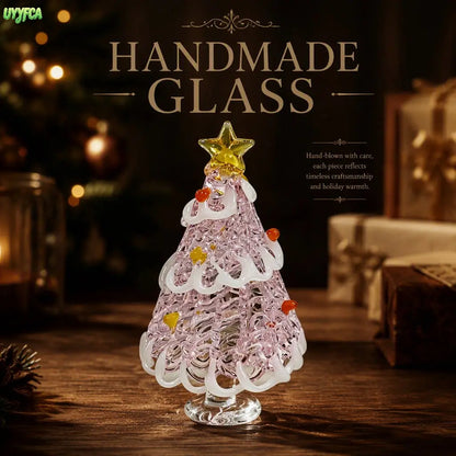 Hand Blown Glass Christmas Tree Tabletop Figurine, Artisan Crafted Glass Ornament With Star Topper, Mini Christmas Decor Statue For Desk Display, Holiday Home Decoration And Unique Christmas Gift For Family Friends