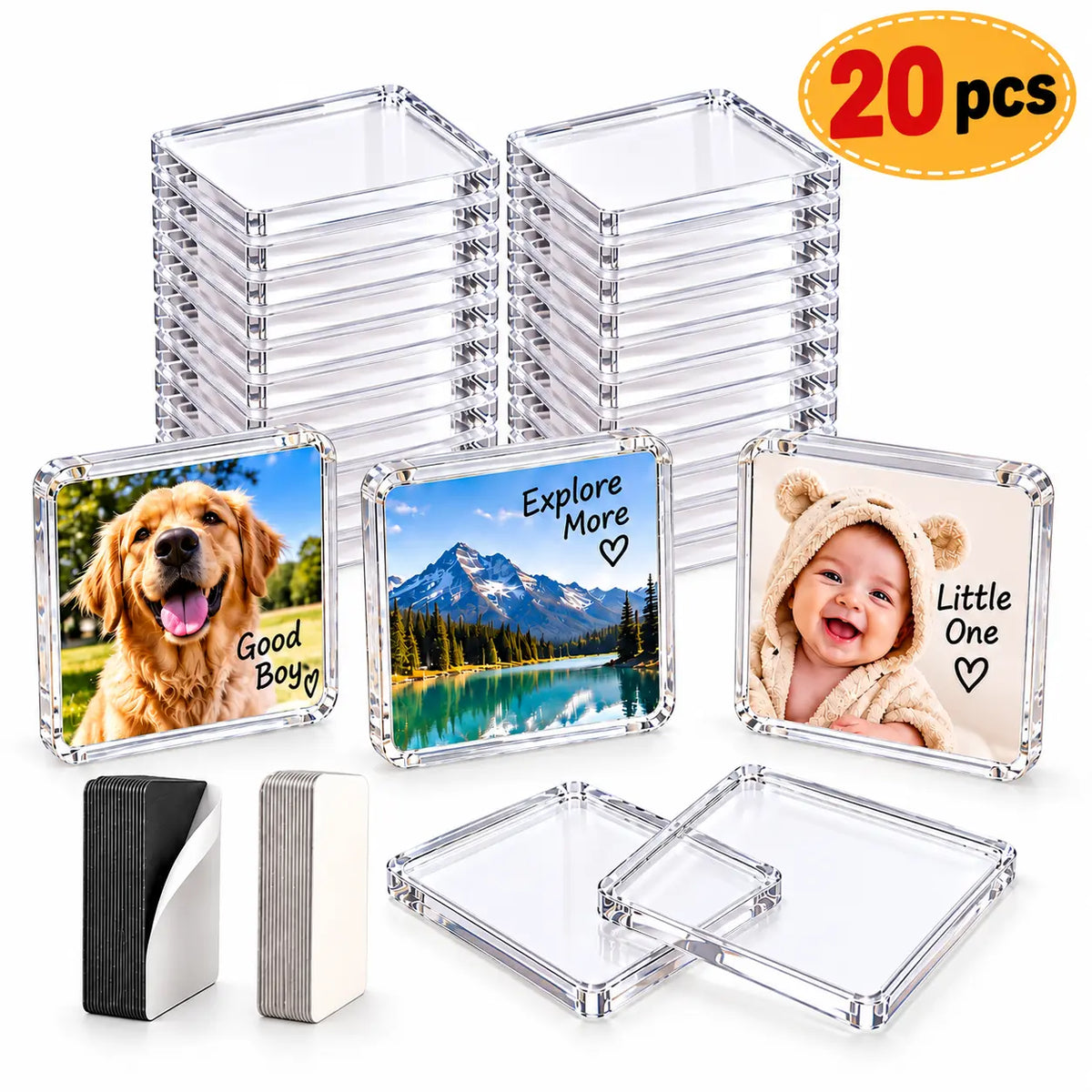 10/20-Pack 2"x2" Adhesive-Backed DIY Magnetic Refrigerator Magnets Set, Clear Acrylic DIY Refrigerator Magnets with Adhesive Backing for Pictures, Crafts, Gifts & Home Decoration
