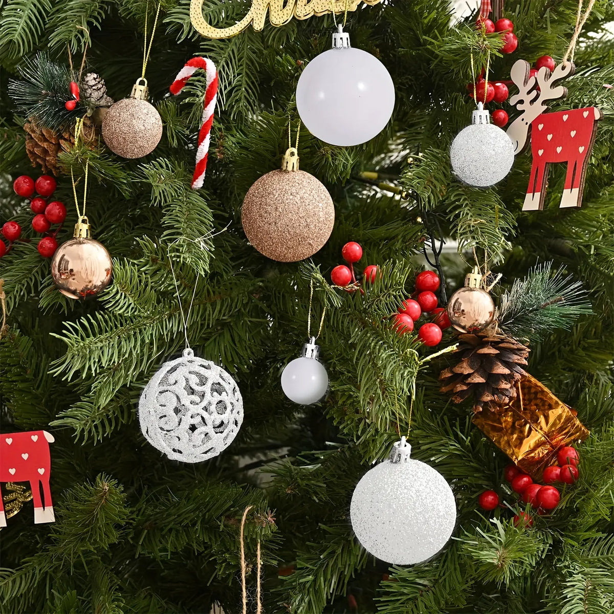 100-Piece Shatterproof Christmas Ball Ornaments  - Champagne & White Hanging Tree Decor, Holiday Indoor Home Party Supplies, Black Friday Deal: Christmas/New Year Gift