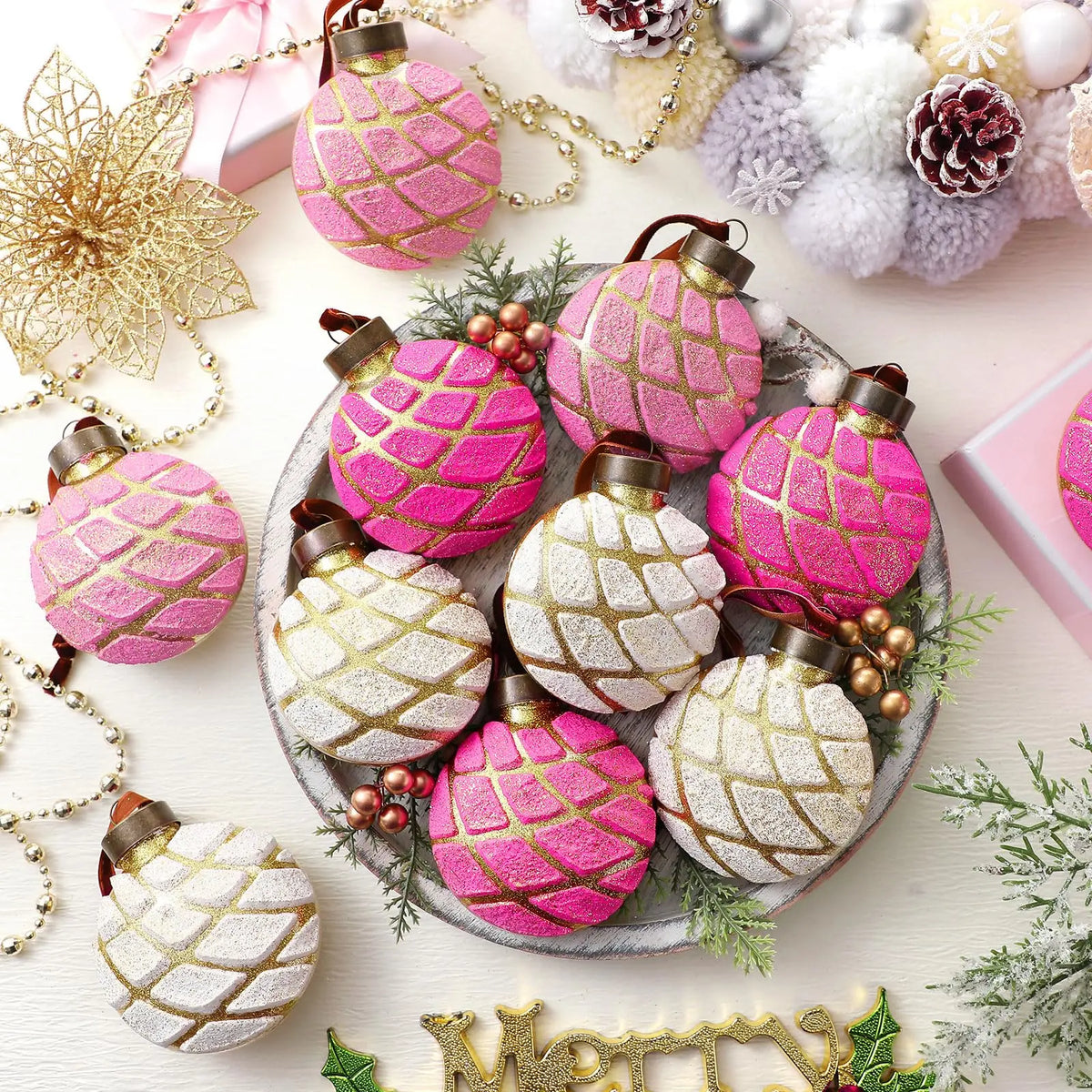 12 Pcs Mexican Christmas Ornaments, Pink Concha Sweet Bread Hanging Decor with Shatterproof Durable Design, Unique Food-Themed Tree Decorations for Christmas Holiday Party, Home Accent, Gift Exchange and Mexican Inspired Celebrations