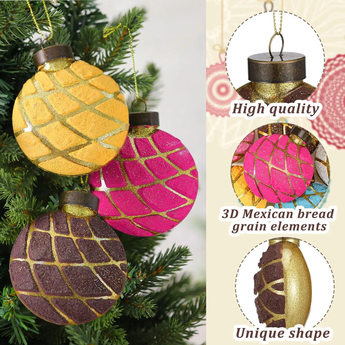 12 Pcs Mexican Christmas Ornaments, Pink Concha Sweet Bread Hanging Decor with Shatterproof Durable Design, Unique Food-Themed Tree Decorations for Christmas Holiday Party, Home Accent, Gift Exchange and Mexican Inspired Celebrations