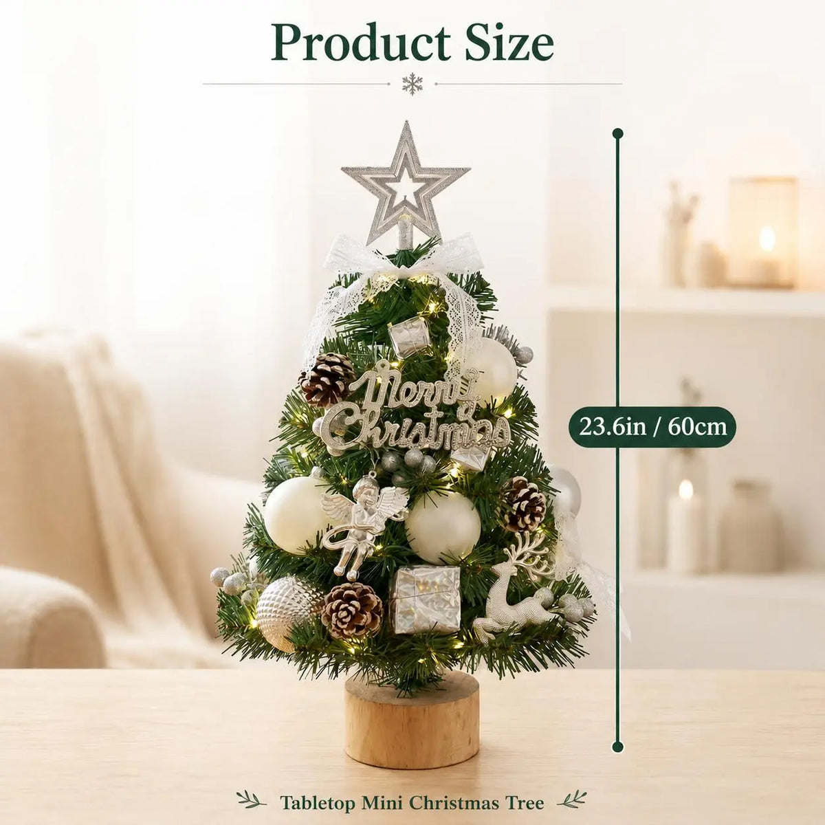 Pre‑Decorated Pink Flocked Tabletop Mini Christmas Tree with LED Lights, Bow, Baubles & Ornaments, Small Artificial Snowy Christmas Tree, 13.8in (35cm) /17.7in (45cm), for Tabletop, Desk, Home Holiday Party Decoration