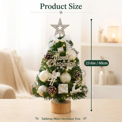 Pre‑Decorated Pink Flocked Tabletop Mini Christmas Tree with LED Lights, Bow, Baubles & Ornaments, Small Artificial Snowy Christmas Tree, 13.8in (35cm) /17.7in (45cm), for Tabletop, Desk, Home Holiday Party Decoration