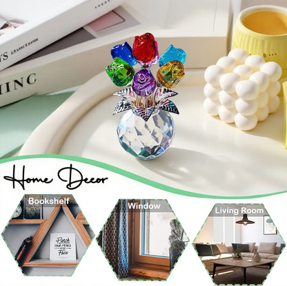 Crystal Rose Bouquet Figurine - Little Glass Rose Flower Statue Sculpture for Desk & Bookshelf - Decorative Ornament for Bedroom, Living Room, Office & Home Decor - Unique Birthday, Valentine's Day, Wedding Anniversary & Christmas Gift Idea for Lover