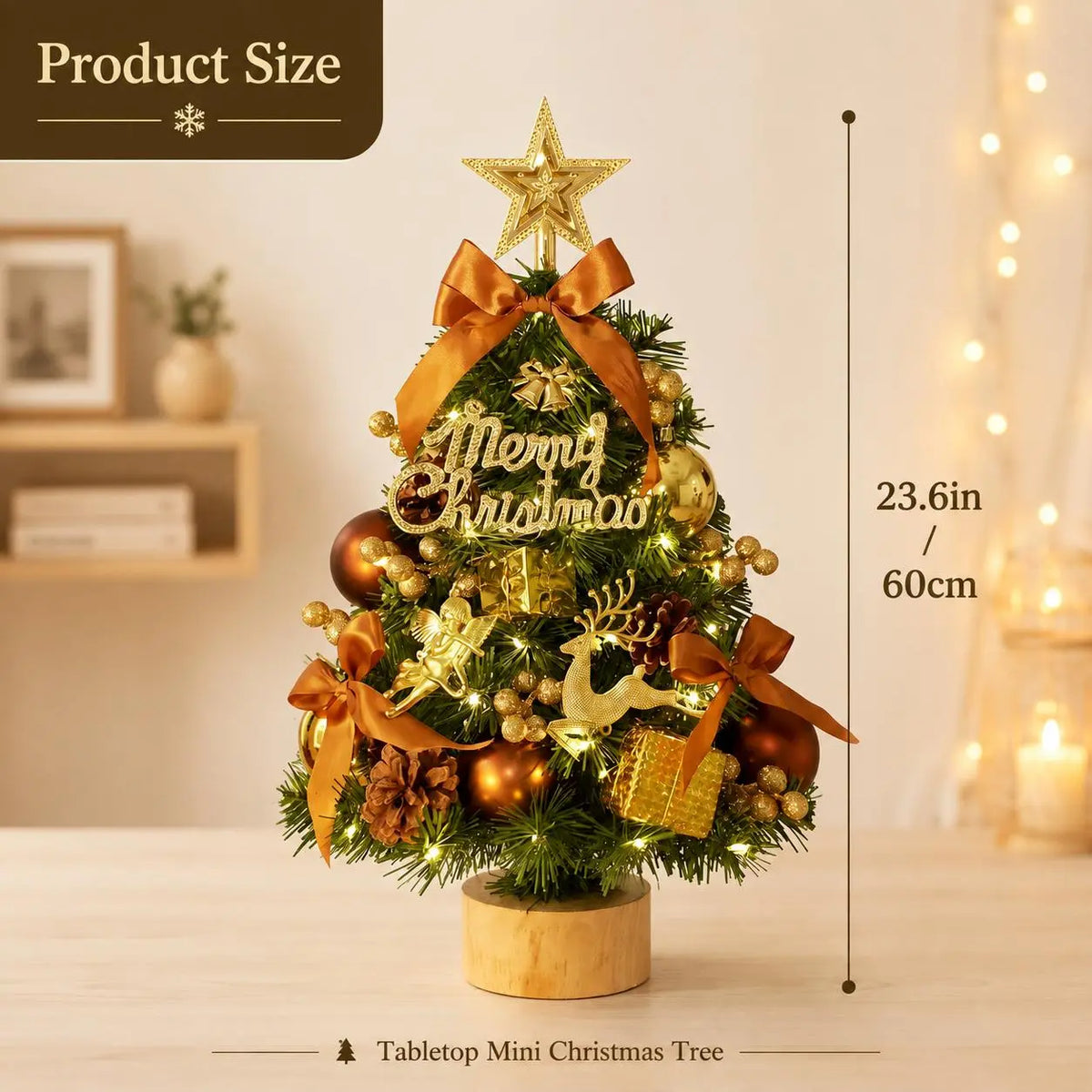 Pre‑Decorated Pink Flocked Tabletop Mini Christmas Tree with LED Lights, Bow, Baubles & Ornaments, Small Artificial Snowy Christmas Tree, 13.8in (35cm) /17.7in (45cm), for Tabletop, Desk, Home Holiday Party Decoration