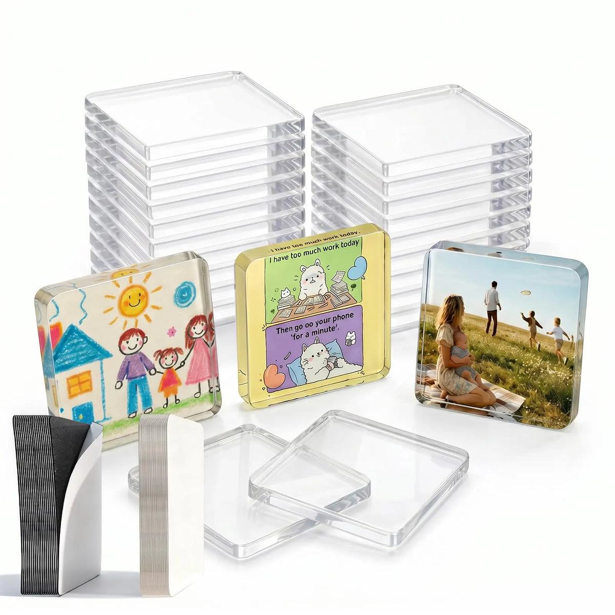 20Pcs Magnetic Square Glass Acrylic Sheet Photo Frames - DIY Metal Fridge Magnets with Adhesive Backing, Bulk Craft Kit Including 26 Blank Cards & Organizer Box for Office Decor & Gifting, Sohochic