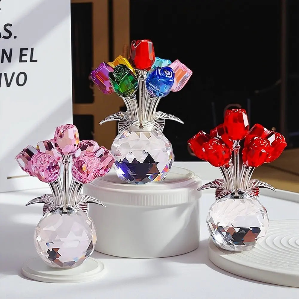 Crystal Rose Bouquet Figurine - Little Glass Rose Flower Statue Sculpture for Desk & Bookshelf - Decorative Ornament for Bedroom, Living Room, Office & Home Decor - Unique Birthday, Valentine's Day, Wedding Anniversary & Christmas Gift Idea for Lover