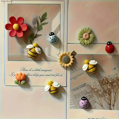 Sohochic 10-Piece Cute Resin 3D Bee & Daisy Flower Fridge Magnet Set - Animals Theme, 10 Unique Designs, Strong Hold, Glueless, Whiteboard Ready, Clean Peel-Off, Kids’ Art Display, Boxed, Anniversary Gift for Magnetic Surfaces