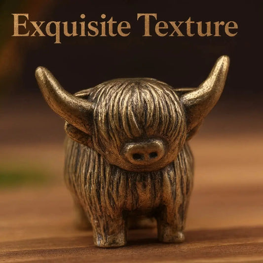 Mini Vintage Metal Highland Cow Figurine, Detailed Textured Cute Highland Calf Statue, Compact Desktop Shelf Ornament, Small Tabletop Art Craft Decor For Home Office, Bookshelf And Indoor Display,SohoChic