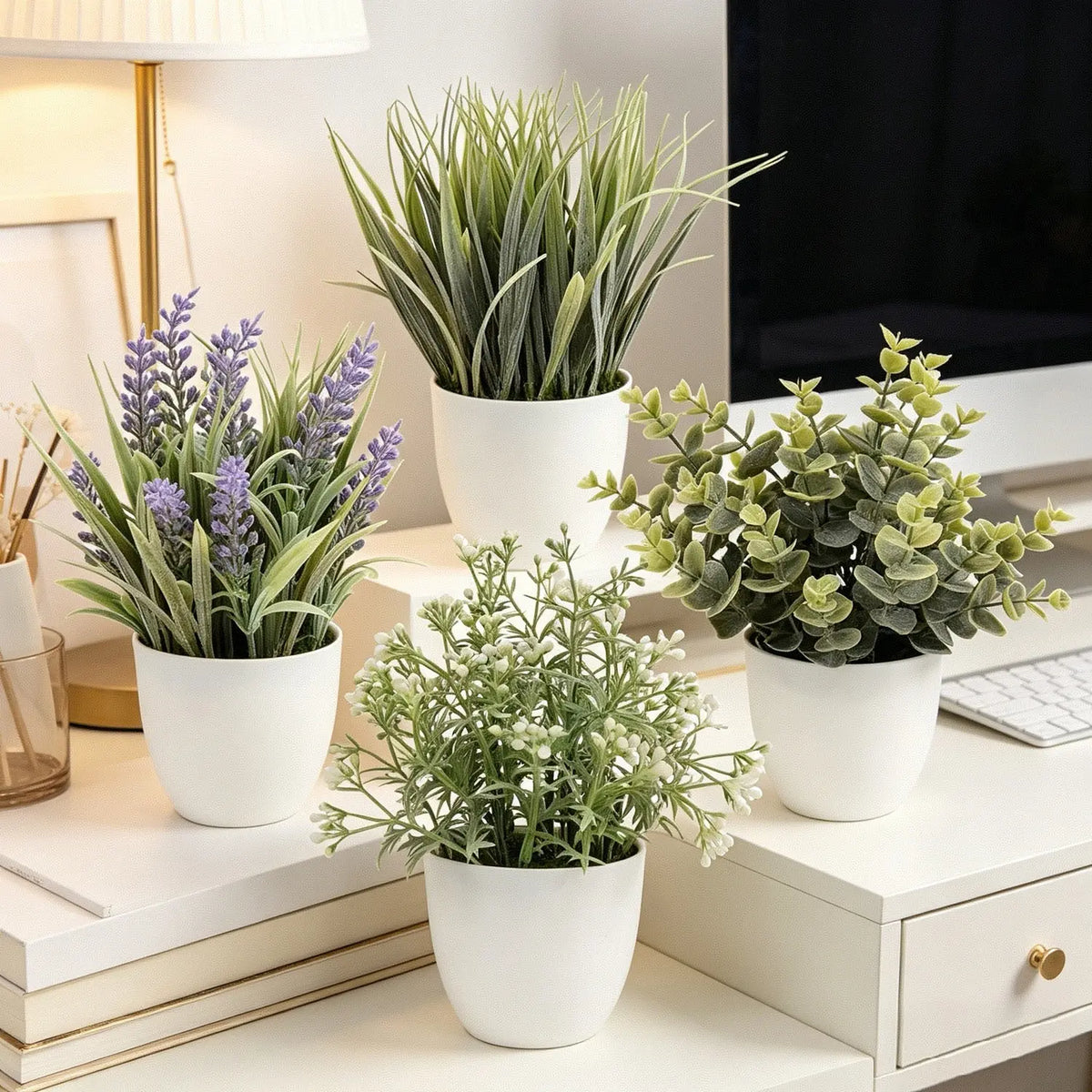 4-Pack Small Simulation Eucalyptus & Lavender Fake Leaf Plants Set - Decorative Plastic Ornaments for Farmhouse Spring-Summer Decor, Indoor Window, Table Use (Bathroom, Office Gifts Included)