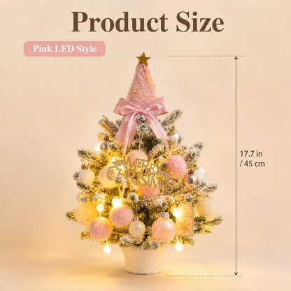 Pre‑Decorated Pink Flocked Tabletop Mini Christmas Tree with LED Lights, Bow, Baubles & Ornaments, Small Artificial Snowy Christmas Tree, 13.8in (35cm) /17.7in (45cm), for Tabletop, Desk, Home Holiday Party Decoration