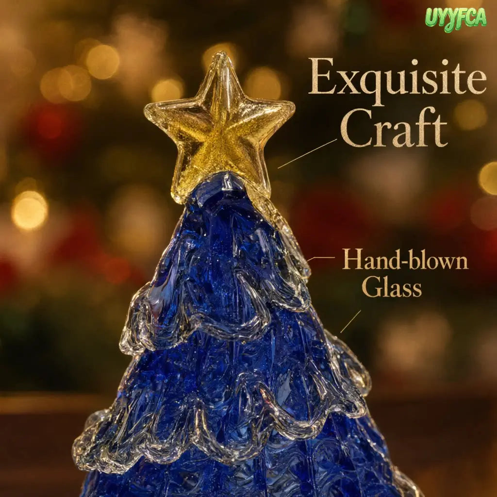 Mini Handmade Glass Christmas Tree Figurine, Blown Glass Seasonal Ornament With Golden Star Top, Cute Tabletop Holiday Sculpture For Home Office Decor, Unique Xmas Gift And Festive Collectible Craft For Family