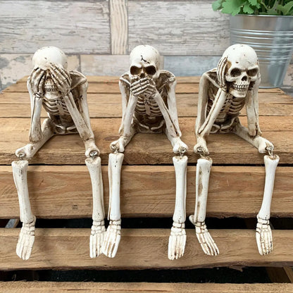 3 Wise Skeleton Statue with Hanging Legs - See-Hear-Speak No Evil Gothic Shelf Sitter, Spooky Resin Decoration Figure, Whimsical Home Decor, Unique Decor, Halloween Hammock Accessory Gift